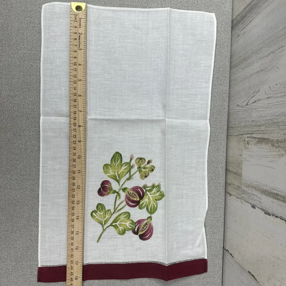 Set of Two (2) Tea Towels LINEN‎ White Maroon & Green Floral VTG Hand Painted